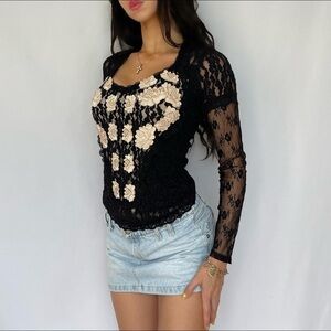Gothic Coquette Black and Pink Lace Floral Top